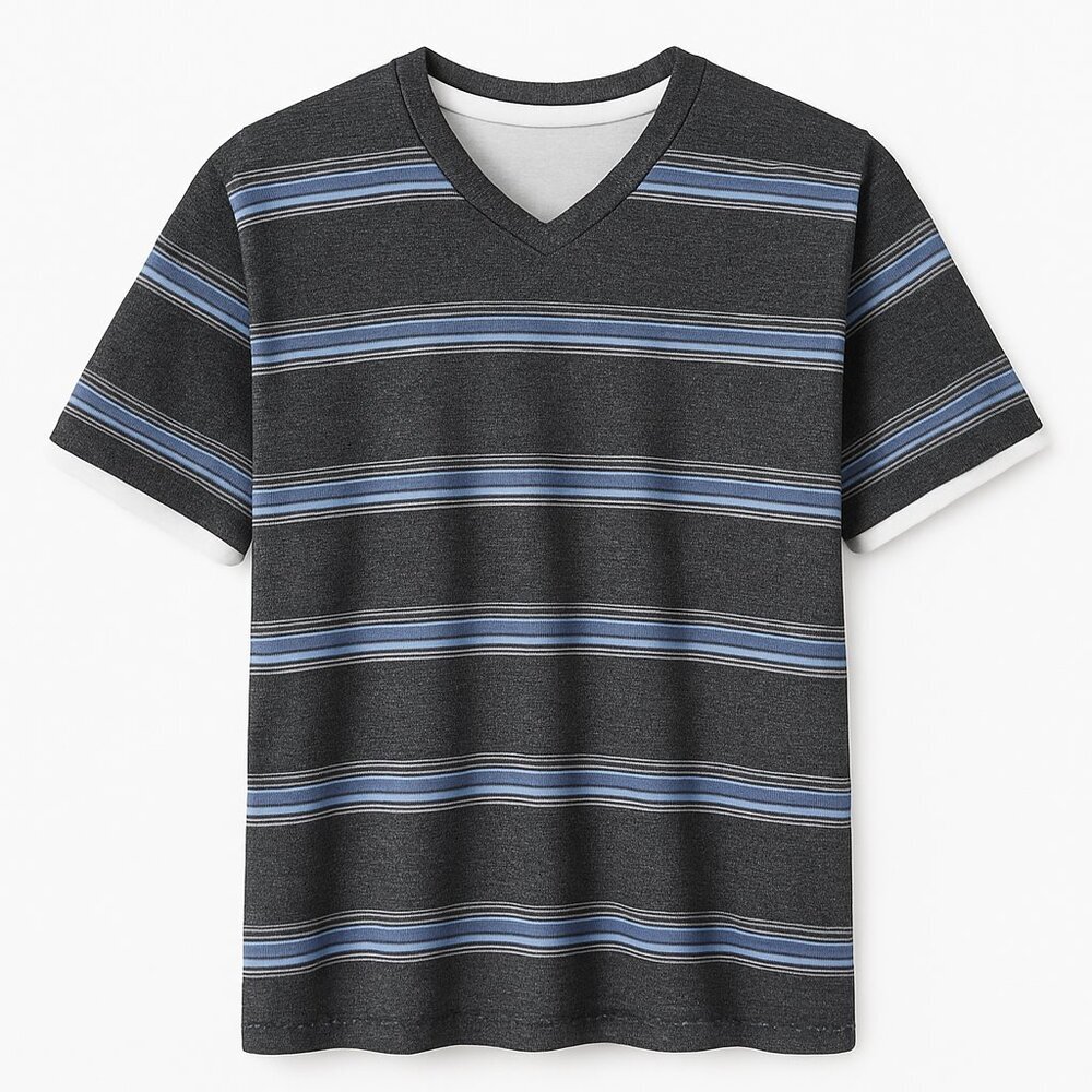 👕 Method Striped V-Neck Tee | Gray & Blue | Size L